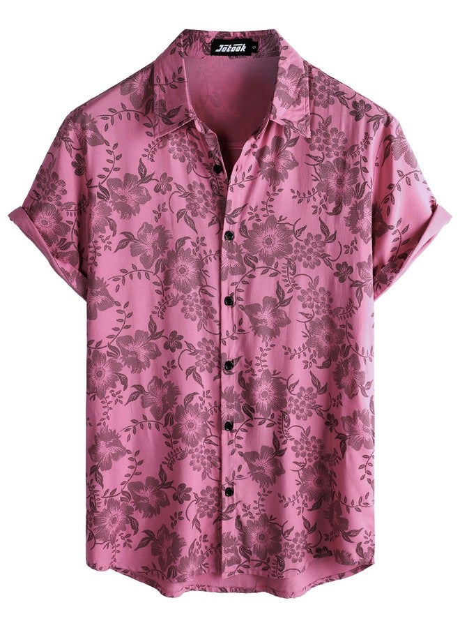 JOTOOK Mens Hawaiian Shirt Short Sleeve Button Down Tropical Shirts Casual Floral Summer Beach Shirt Large Pink - Image 1